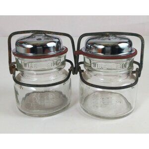 Vintage 1893 FP Clear Glass Jars Wire Side Bale Sealed Salt & Pepper Shakers